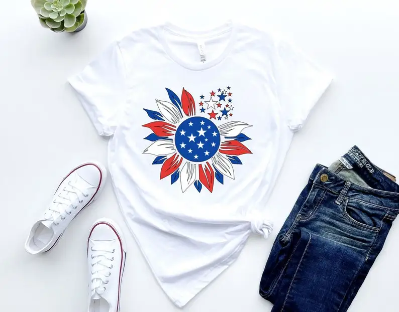 

Patriotic Sunflower Usa Sunflower 4th of July God Bless America Shirt Short Sleeve Top Tees O Neck 100% cctton Fashion Harajuku