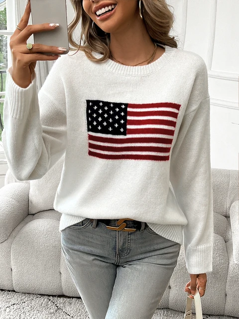 American Flag Crew Neck Long Sleeve Pullover Women's Sweater 1
