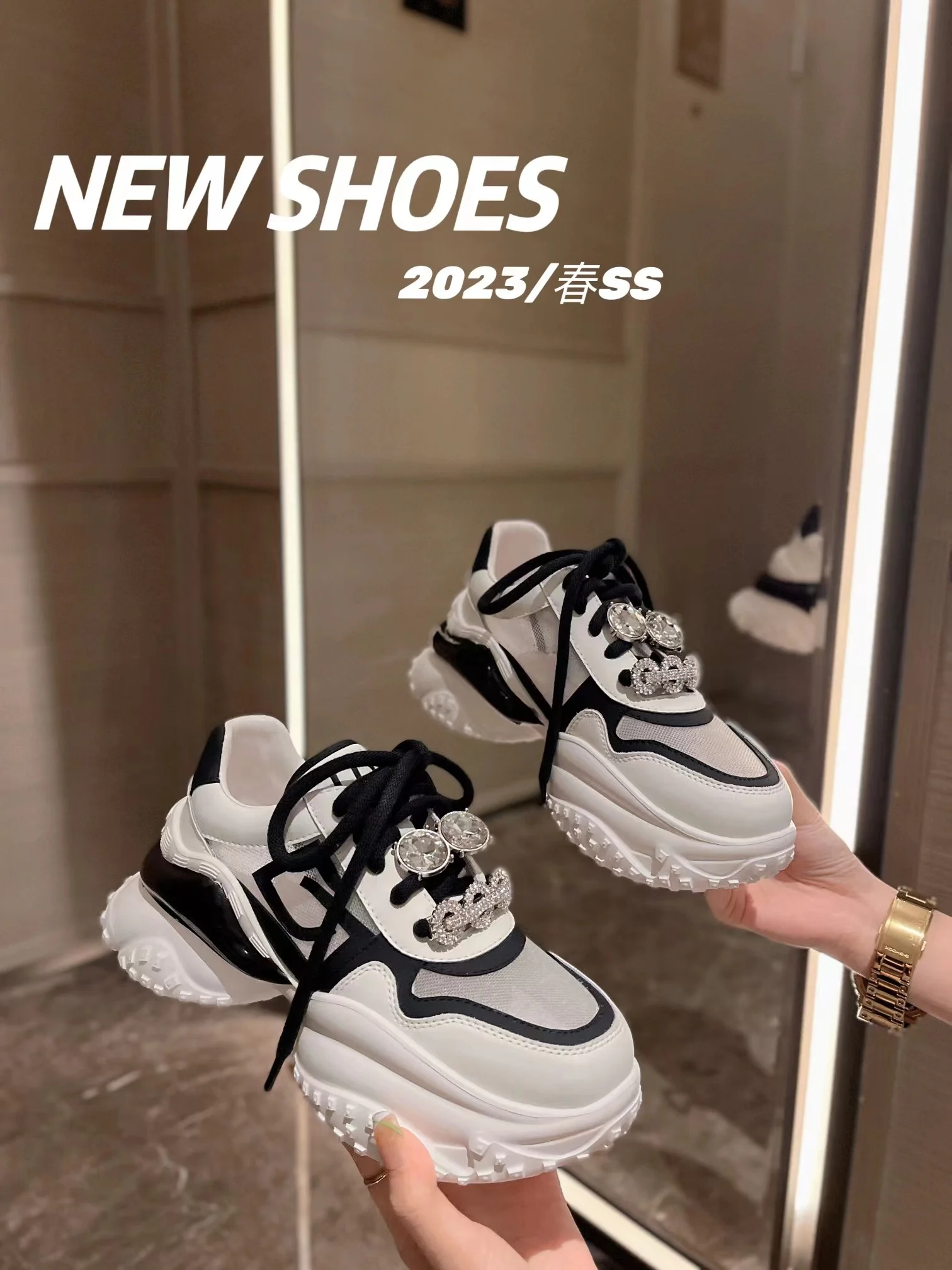 Women High Heels Platform Mesh Sneakers Summer Rhinestone Crystal Casual Chunky Shoes Height Increase Thick Sole