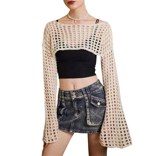 Women's Knit Crochet Crop Tops Long Sleeve Beach Cover Ups Hollow Out  Off-Shoulder Y2K Pullover Fishnet T-Shirt