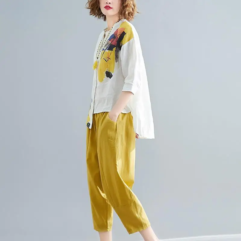 

Summer Pant Sets Round Neck Printing Short Sleeve Asymmetrical T-Shirts and Elastic Waist Pocket Patchwork Ankle Length Pants