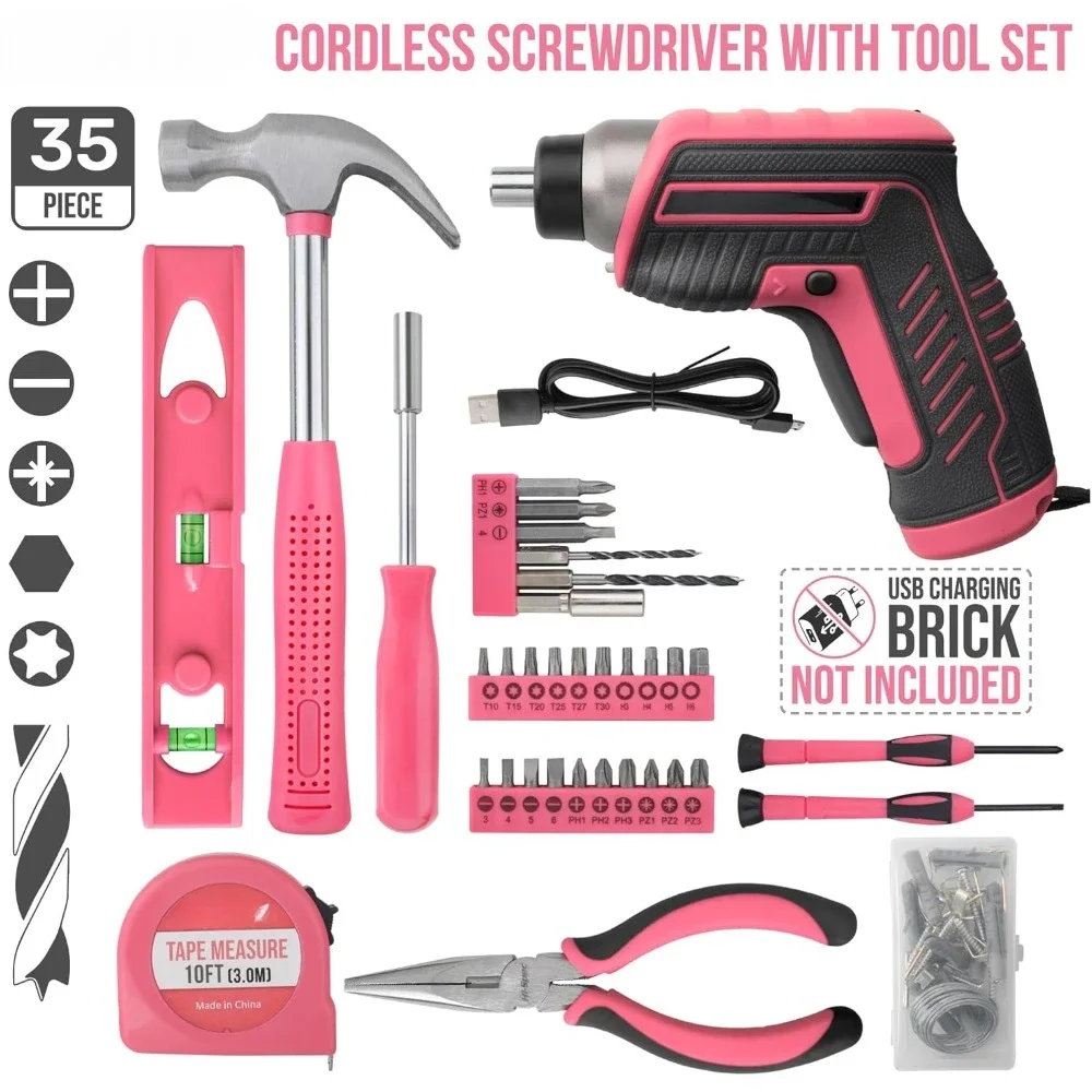 35pc Pink tool kit with 3.6V USB Electric Screwdriver and drill set. Complete women tool set pelican case toolbox 2