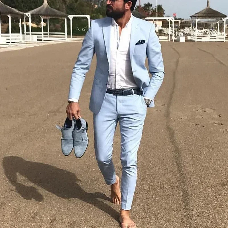 2024 Sky Blue Notch Lapel Elegant Suits For Men Casual Slim Fit Blazers Hombre High Quality Custom 2 Piece Set Costume Homme