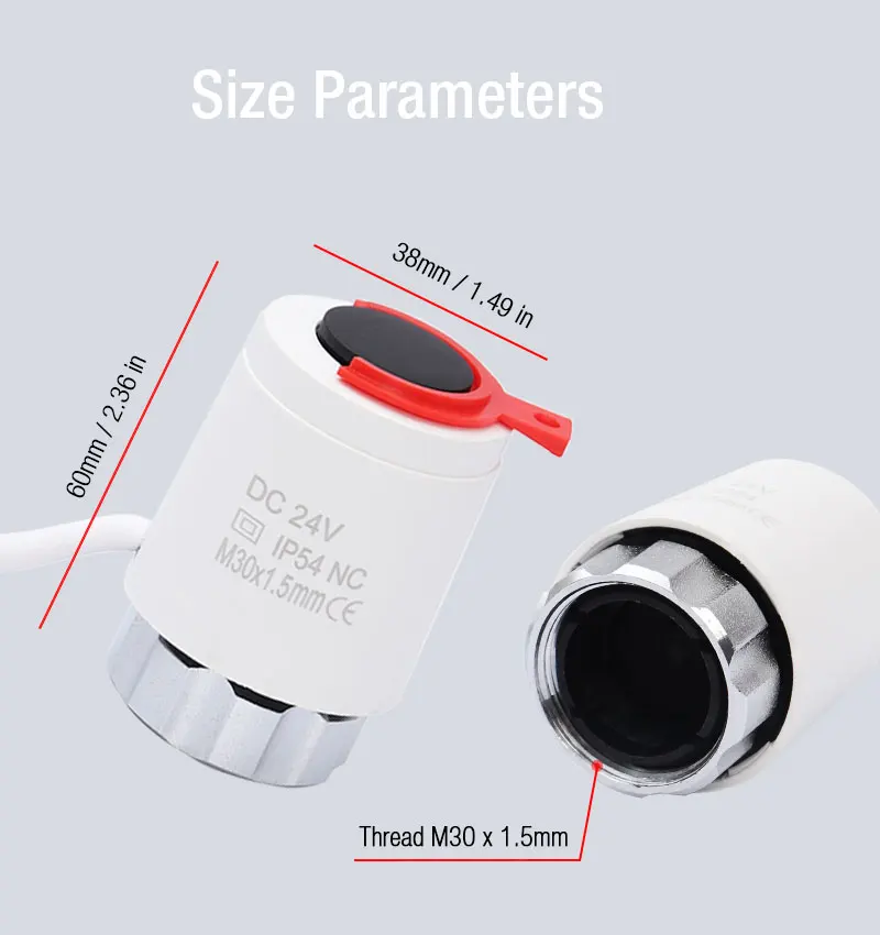 Description Picture 6 of item1/5/10 Pieces 24V Normally Closed NC / Open NO M30*1.5mm Electric Thermal Actuator for Underfloor Heating TRV Radiato