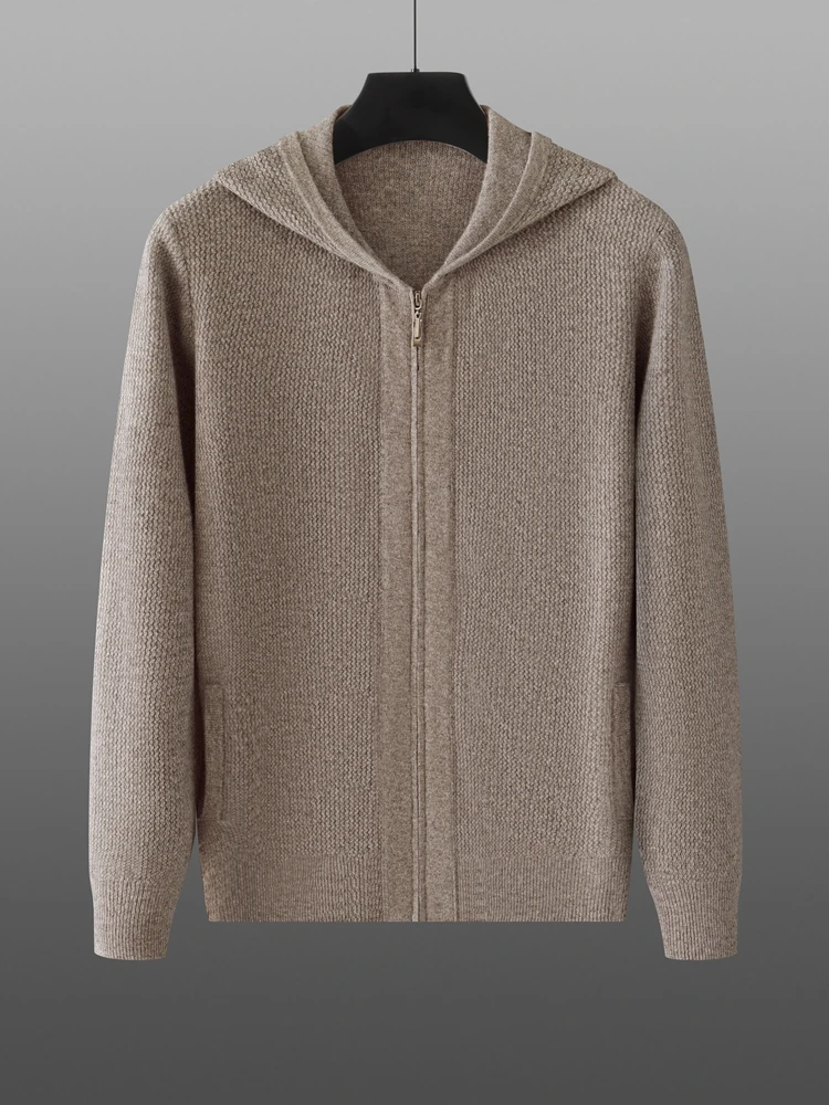 Aliselect Men Pure Cashmere Hooded Cardigan Autumn Winter New Zipper Knit Jacket Thick Sweater Leisure Plus Size Coat Warm Shirt 4