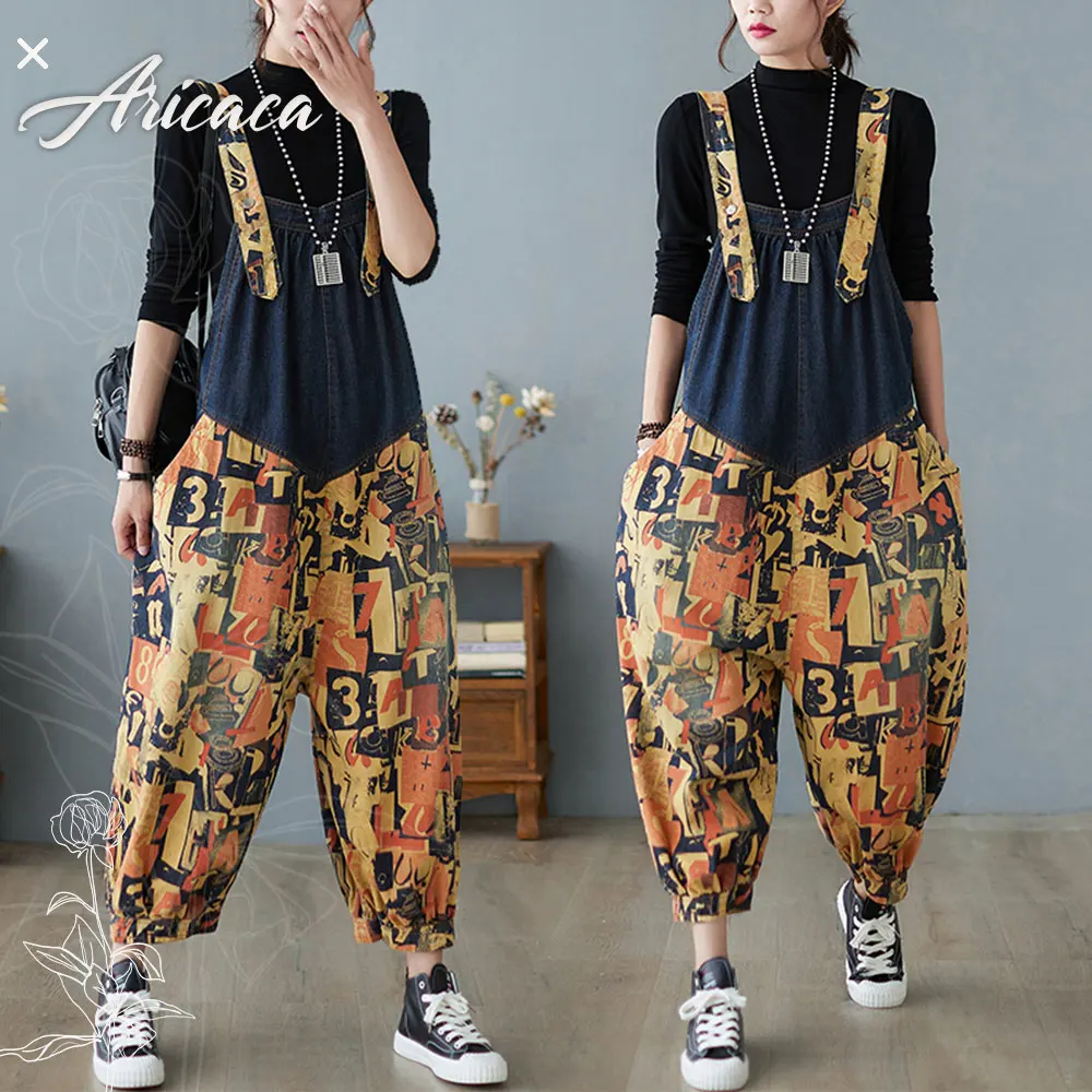 

Aricaca Summer Vintage Floral Jumpsuits Women Wide Leg Pants Denim Overalls Rompers Washed Jeans Playsuits