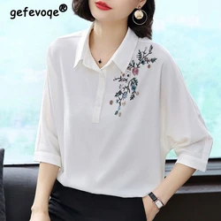 Flower Embroidered Chic White Simple Commute Top Blouse Women Summer Fashion Casual Loose Half Sleeve Shirts Female Clothing2023