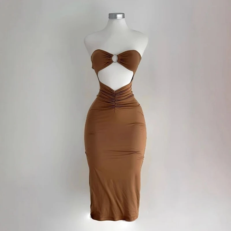 Fashion Women's Clothing New Spring and Summer Women's Tube Top Off Shoulder Dress Sexy Slim-fitting Belly Solid Beach Dress