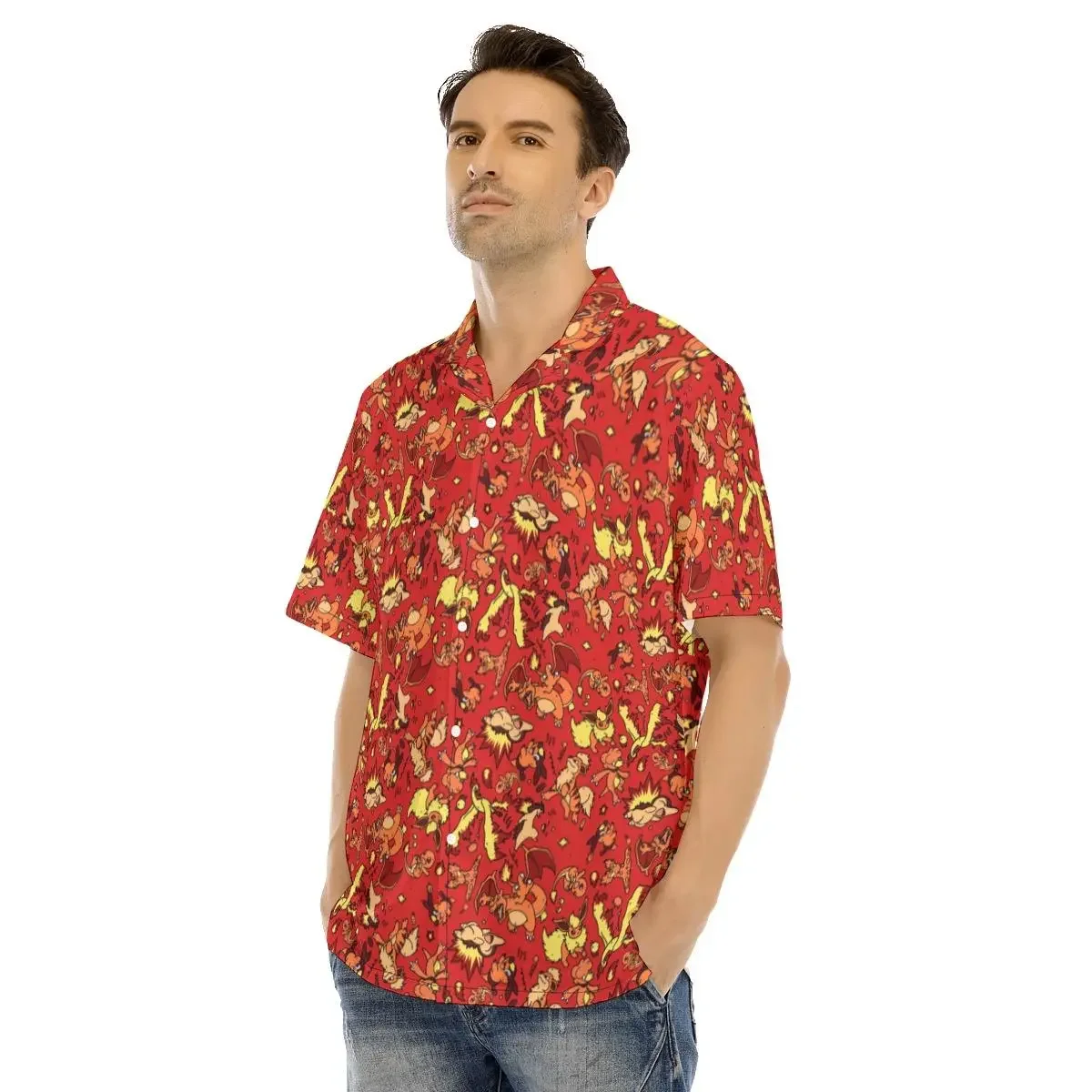 New Men's Hawaiian Shirt Anime Print Gengar Kawaii Funny Full 3D Print Short Sleeve Button Up Summer Shirts