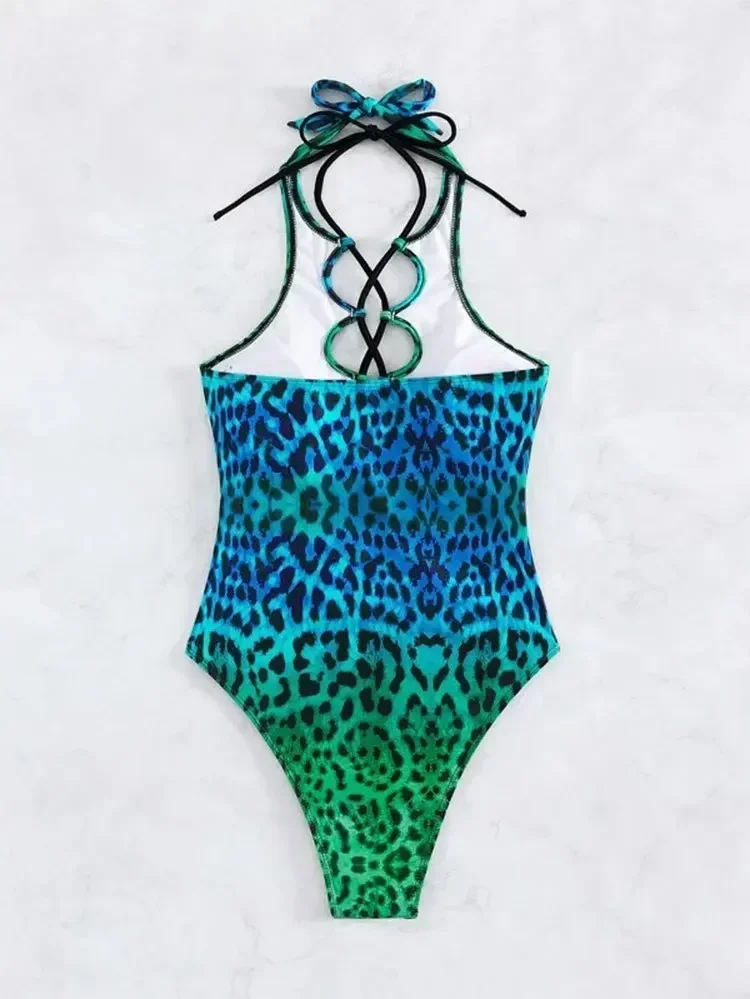 Sexy Hollow Out One Piece Swimsuit 2025 Women Blue Leopard Print