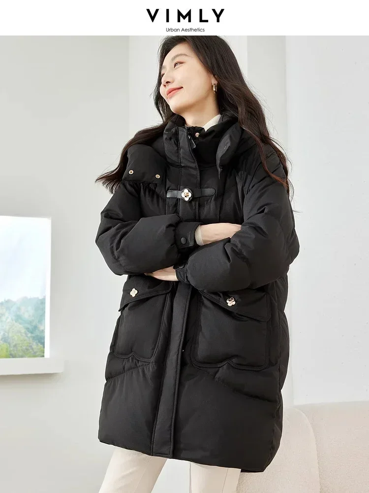Vimly Women's Long Down Coat Puffer Jackets 2023 Winter Black Hooded Zipper Stand Collar Overcoats Female Warm Outwear 50698