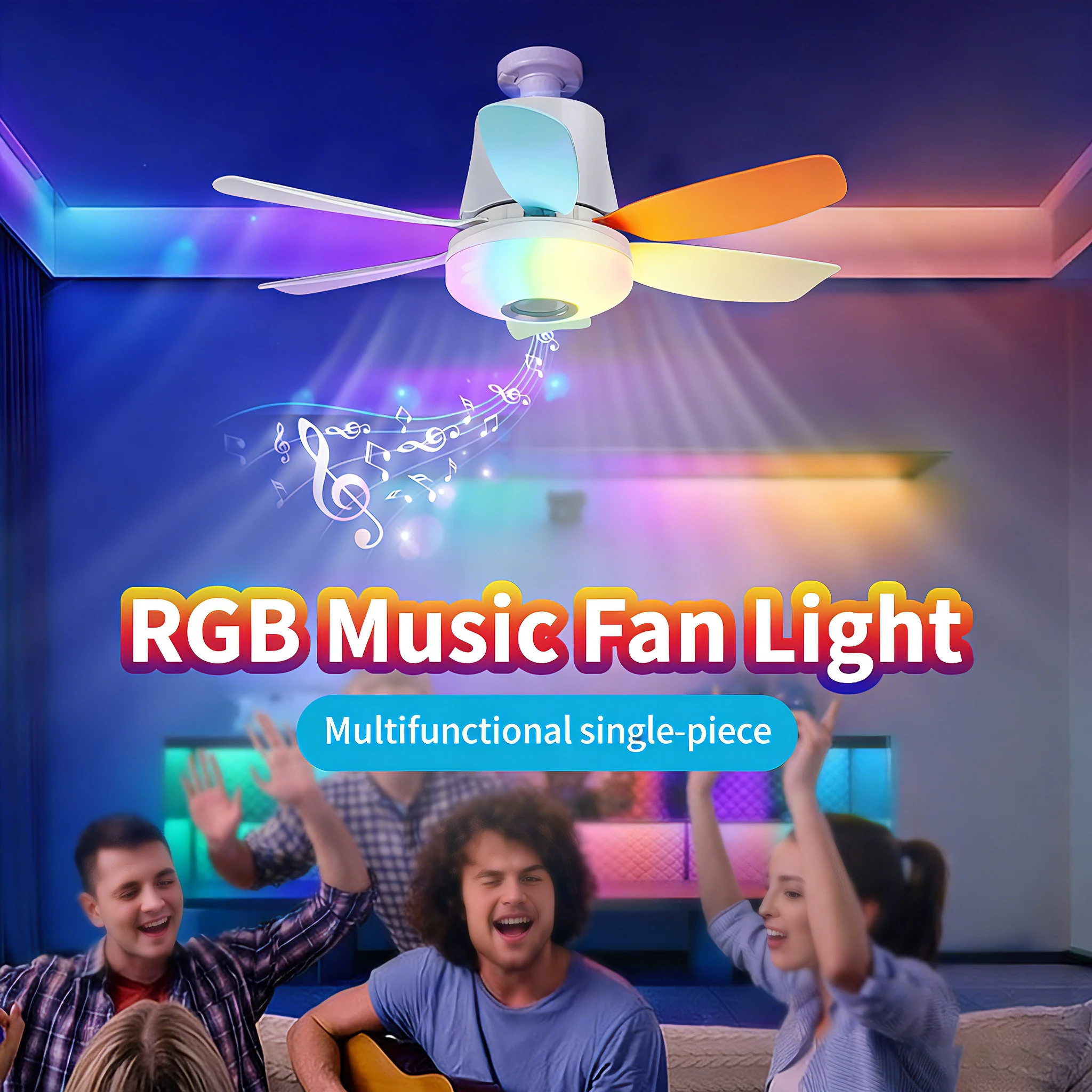 RGB Smart Ceiling Fan E27 Base with Speaker Remote Control Dimming 100-240V Electric Fan Led Light for Bedroom Kitchen Lighting