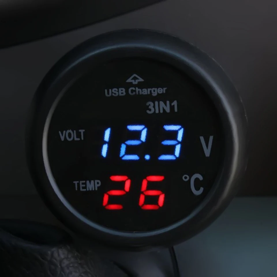 2-in-1 Digitale Voltmeter & Thermometer Voor Auto - USB Sigarettenaansteker - Spannings- En Temperatuurmeter - Blauw Display