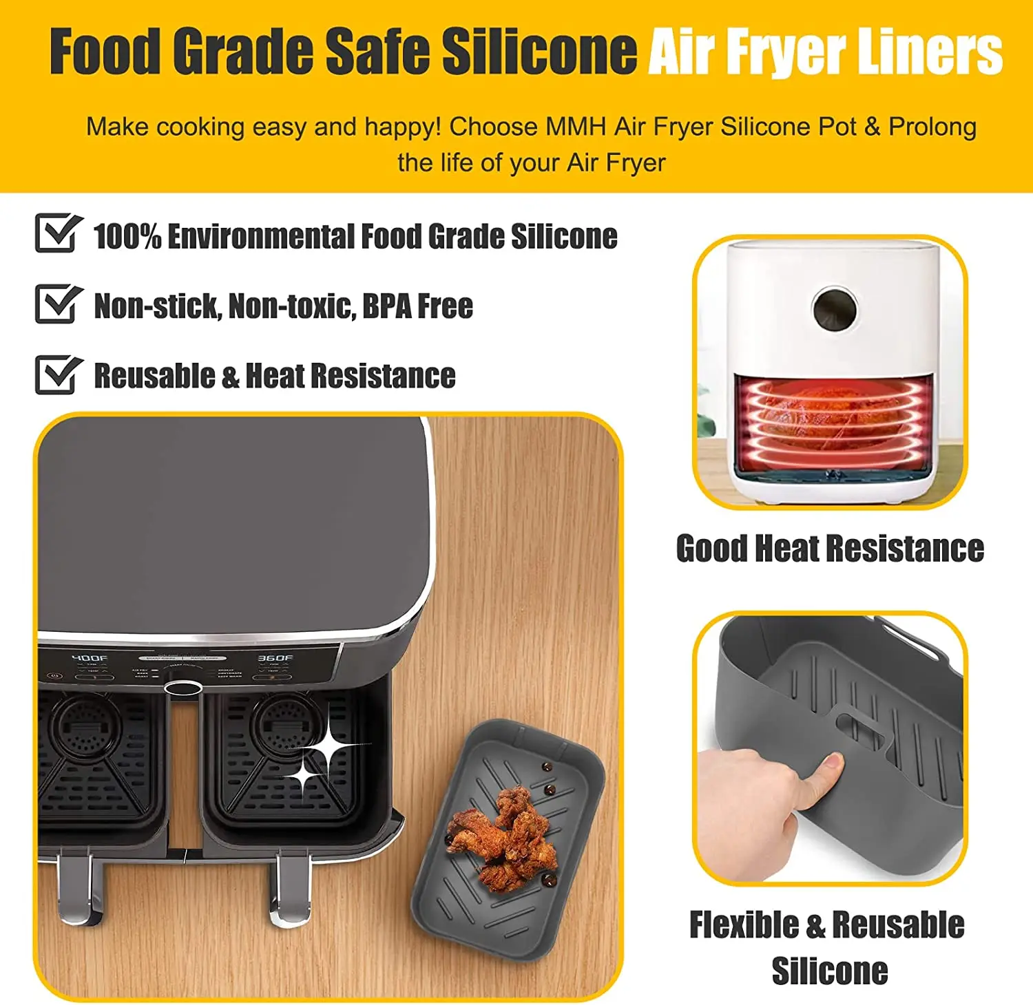 Air Fryer Silicone Pot, 2Pcs Air Fryer Silicone Liner for Ninja