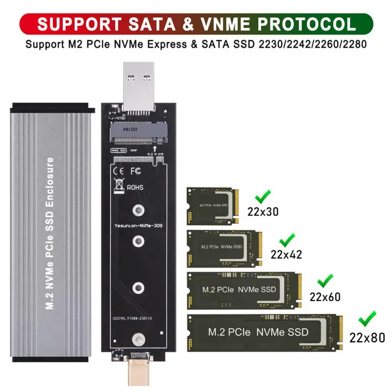 

RYRA USB3.1 Gen2 10Gbps M.2 NVMe Enclosure SSD NVMe M2 Case M 2 To USB Adapter Tool External Box For 2230 2242 2260 2280 M2 NVMe