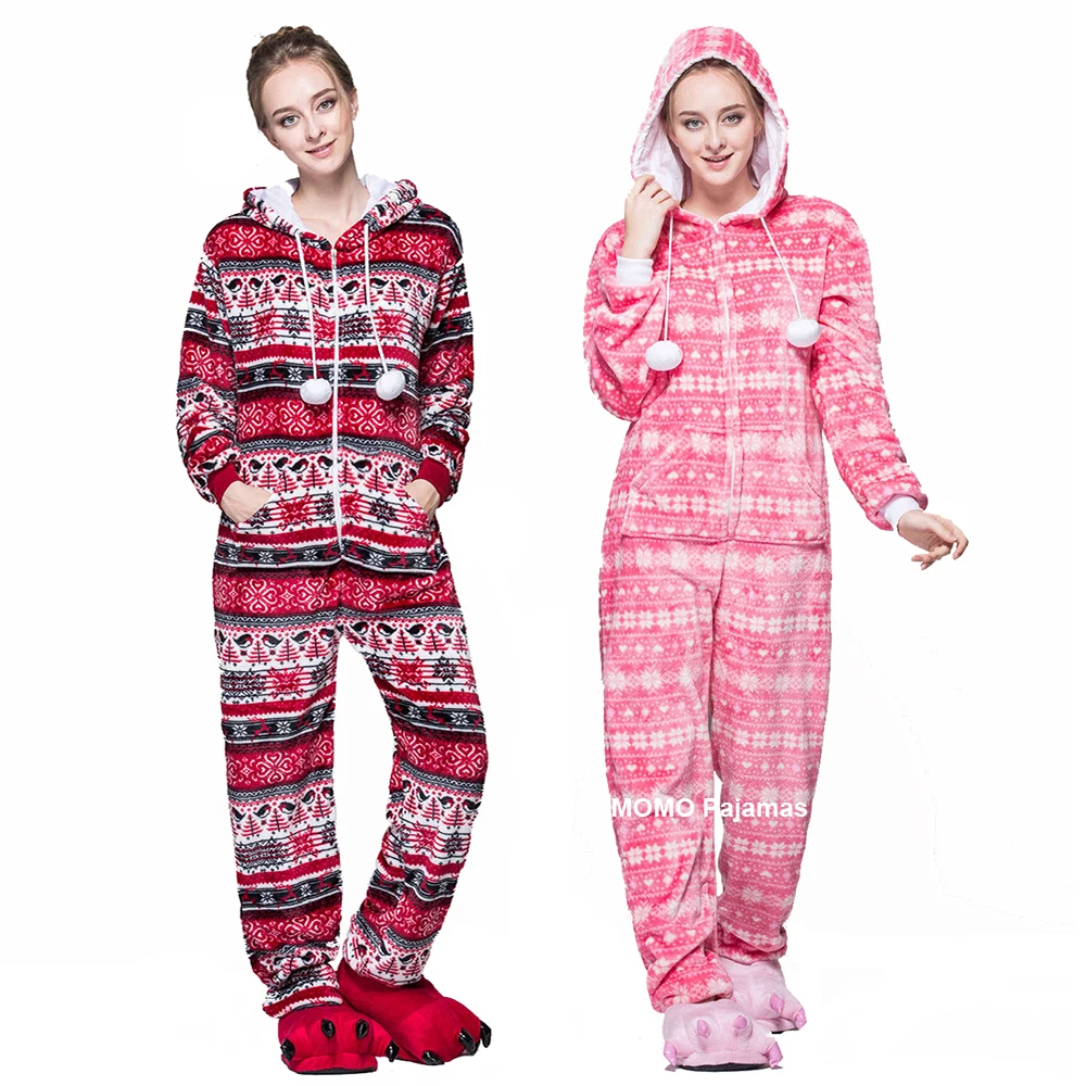 Women Flannel Onesie Snowflake Printing Christmas Sleepwear Long Sleeves Fleece Hooded Zipper Jumpsuits Holiday Pajamas Homewear