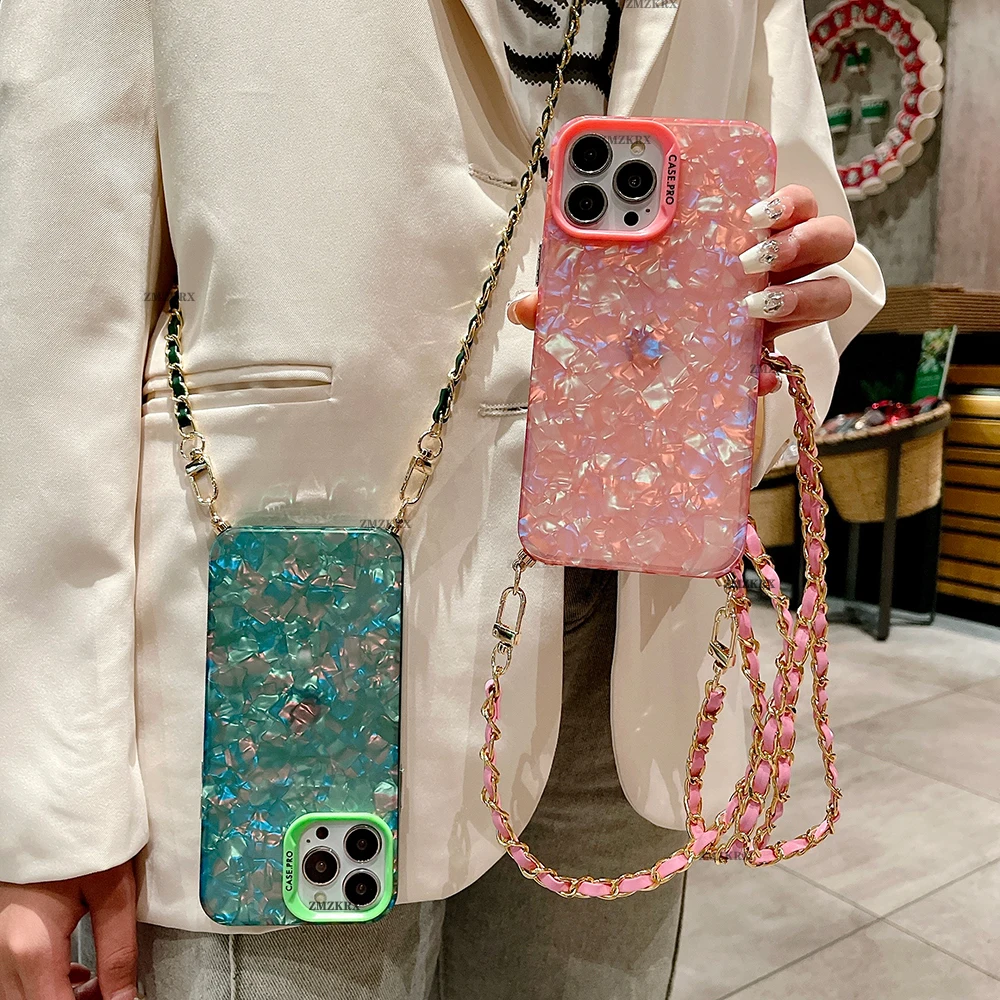 Metal Chain Crossbody Leather Lanyard Phone Case with Glitter Marble Design