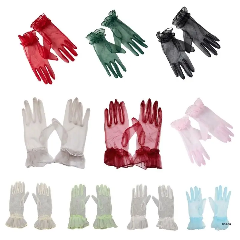 

Delicate Full Finger Gloves Stretchy Lotus Leaf Gloves Wrist Length Tulle Gloves