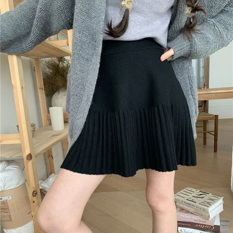 Autumn Pleated Women Mini Skirts Korean Sweet Knitted Slim Female Skirts New Preppy Style Elastic Waist Ladies Casual Skirt InsI