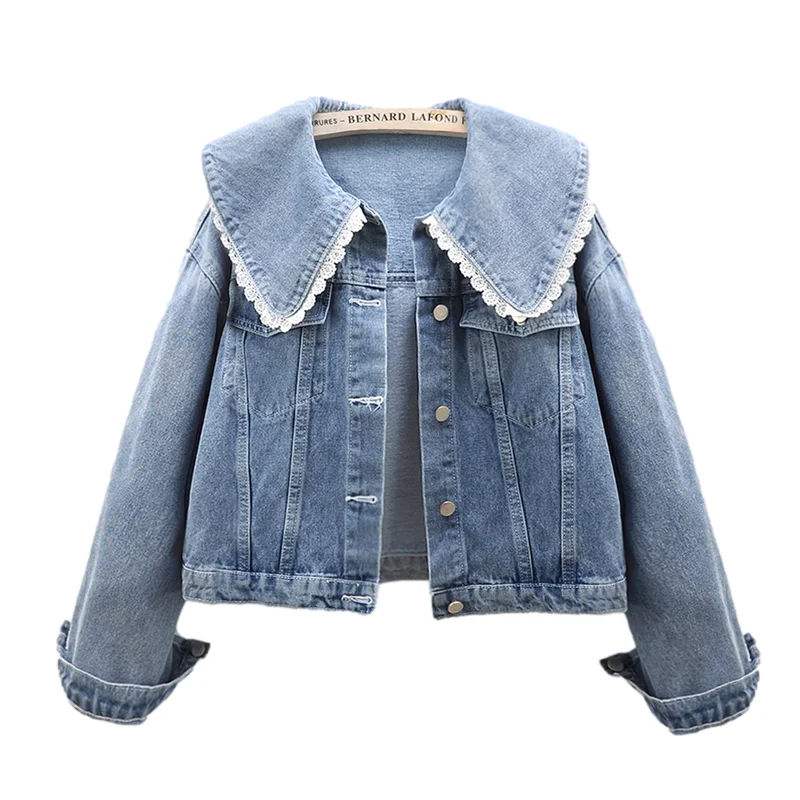 

Vintage Blue Lace Spliced Peter Pan Collar Denim Jacket Women Loose Short Cowboy Outerwear Korean Big Pocket Jeans Jacket Female