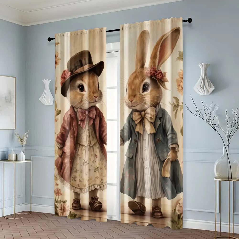 2pcs, Popular Curtain Panels 2D print Two rabbits holding hands Machine Washable Fabric (without rod) Thermal Insulation, and 6