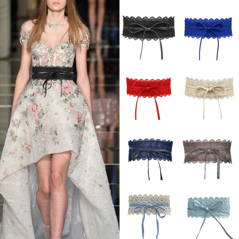 

Fashion Prom Floral Lace Belts Party Dress Self Wide Tie Bridal Waist Band Women Trendy Elegant