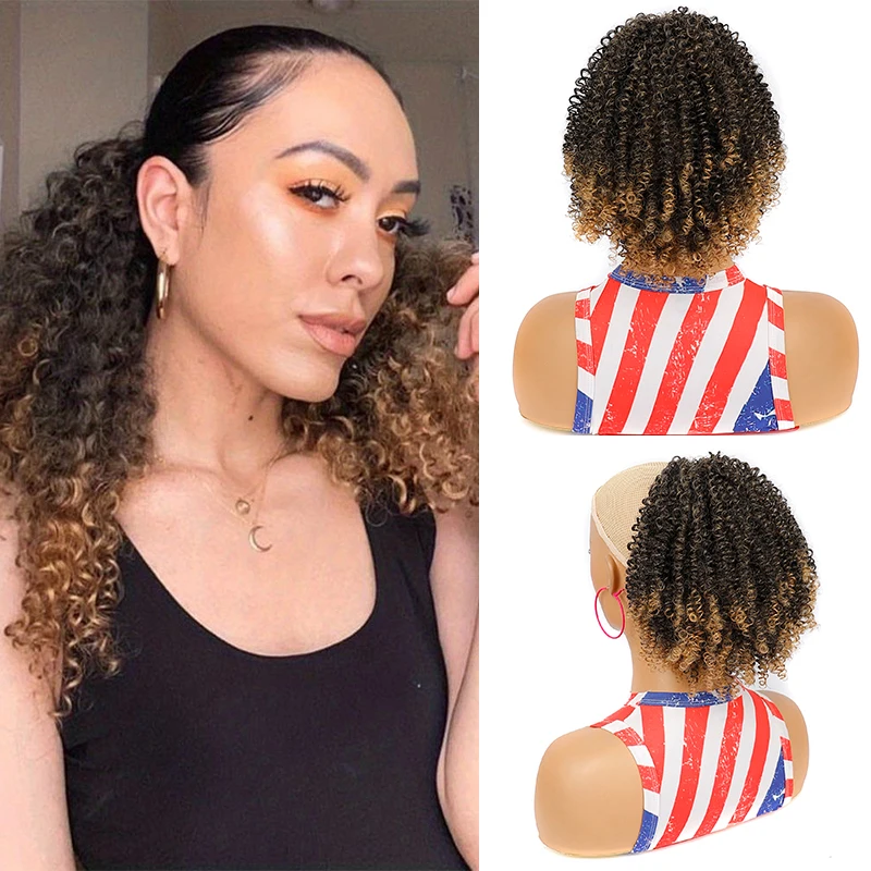 Short Kinky Curly Ponytail Synthetic Drawstring Pony Tail Clip-In Hair Extension for Women Blonde Natural Curly Fake Hairpiece