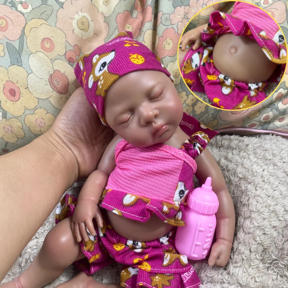 13 Inch Dark Skin Silicone Reborn Baby Doll Luna African American Girl Full Solid Silicone Washable Doll Toy Christmas Gift