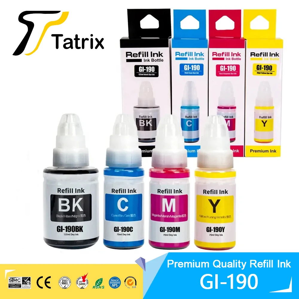 Tatrix GI190 GI-190 GI 190 Premium Compatível Cor Água Baseada Garrafa Recarga Tintas De Tinta Para Impressora Canon PIXMA  G1100/G1110/G2100/G2110/G3100/G3102/G3110/G3111/G4100/G4110/G4111