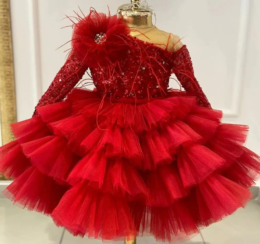 

Shiny Sequins Flower Girl Dresses Red Tutu Ball Gown Birthday Party Dress for Girls Tiered Puff Glitter Kids Pageant Gown