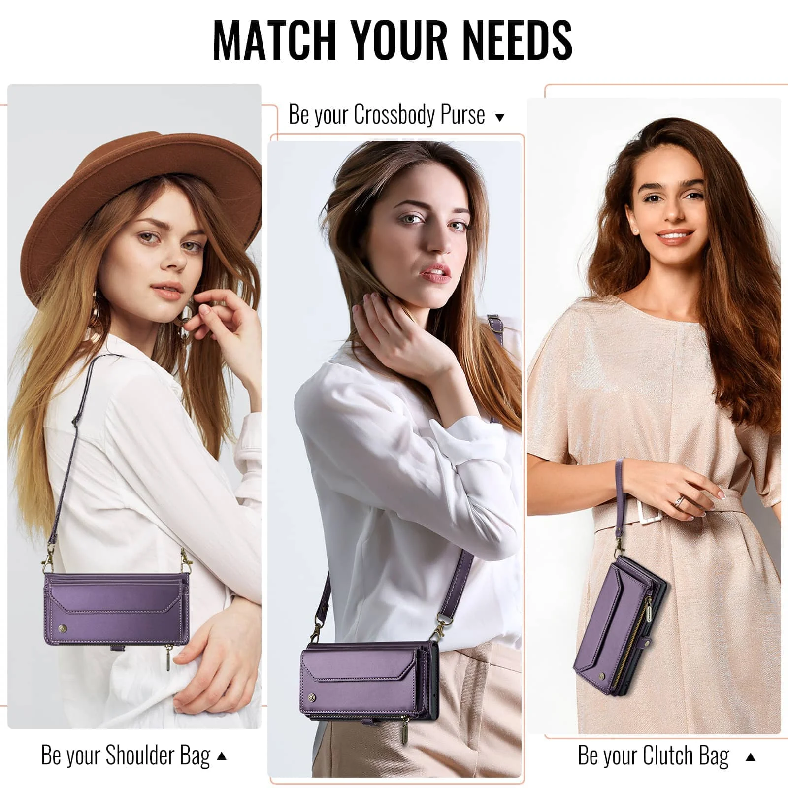 RFID Blocking Crossbody Wallet Case with Wristlet and Shoulder Strap, Premium PU Leather, 7-10 Card Holder