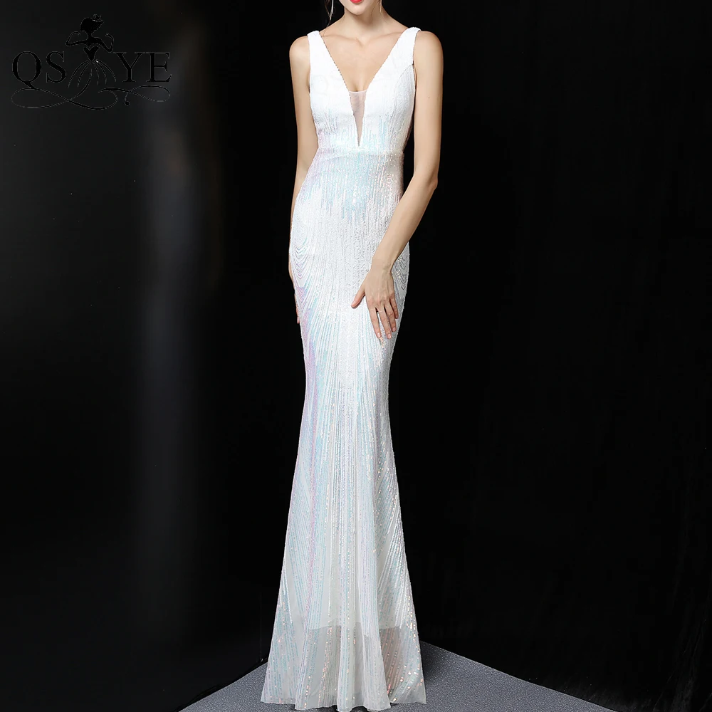 

Glitter White Sequin Wedding Dresses V Neck Mermaid Colorful Bridal Gown Backless Bride Marriage Sleeveless Wedding Gown Chic