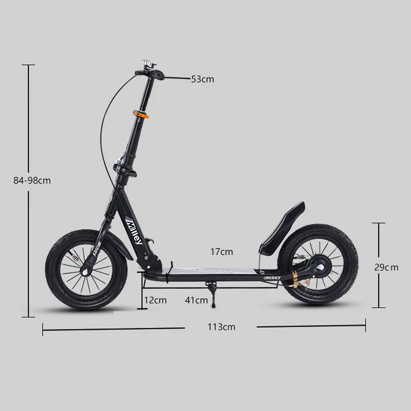 Kick Scooter Kids and Teens Folding Design 12 Inch Wheels Air-Filled Tires Wide Foot Deck Brakes
