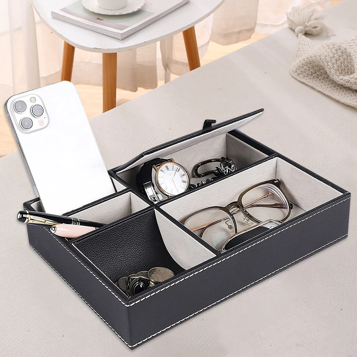 Black Faux Leather Men's Valet Tray Organizer with 5 Compartments