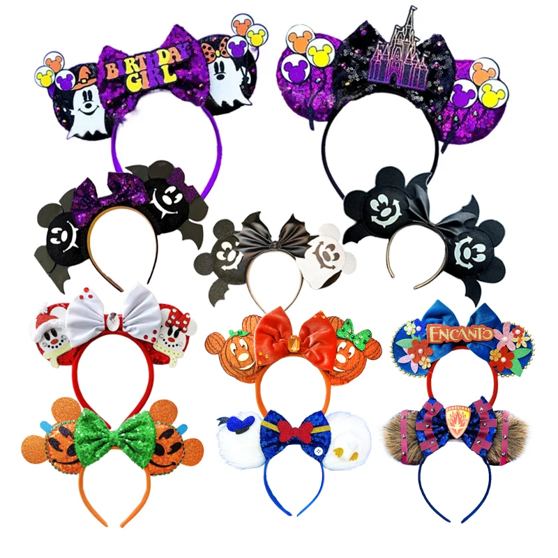 2024 Newest Mickey Mouse Ears Headband Kid Adult Halloween Festival Party Sequins Bow Hairband Women Girl Hair Accessories Gift