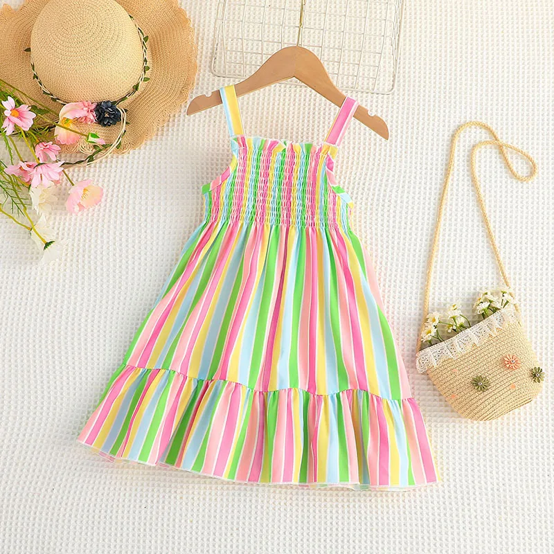

Summer 2023 New Arrivals Girls Sleeveless Ruched Ruffles Striped Muti Infantil Menina Cute Party Dress Custume 18M-6T
