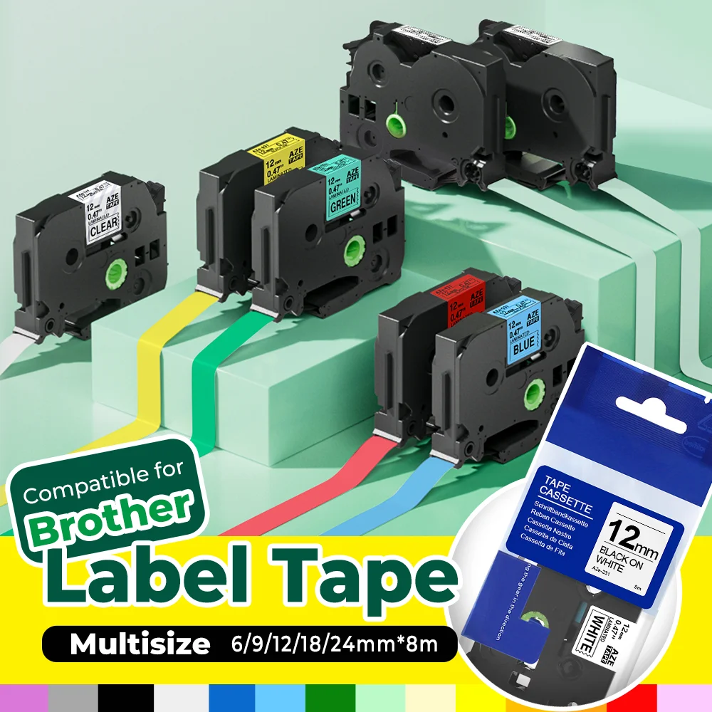 Tze231 tze131 tze631 라미네이트 리본, Ptouch PTH110 D600 710BT 브라더 라벨 메이커 테이프와 호환, 6mm, 9mm, 12mm, 18mm, 24mm, 31 가지 색상