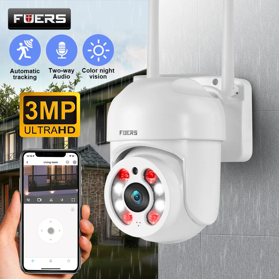 FUERS 3MP HD Wifi カメラ PTZ 屋外 4X デジタルズーム人体検出セキュリティ IP カメラ AI 自動追跡監視カメラ