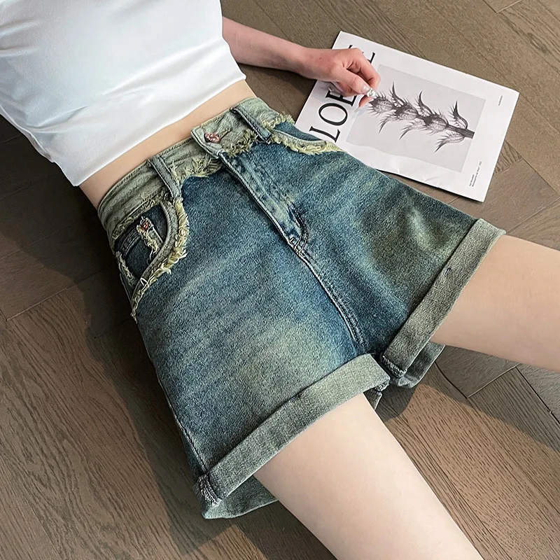

XUAN PhD Denim Shorts Casual Pants Capris Raw Edges Distressed Button Women's Summer New 2023 High Waist Slim Pants Denim Pants