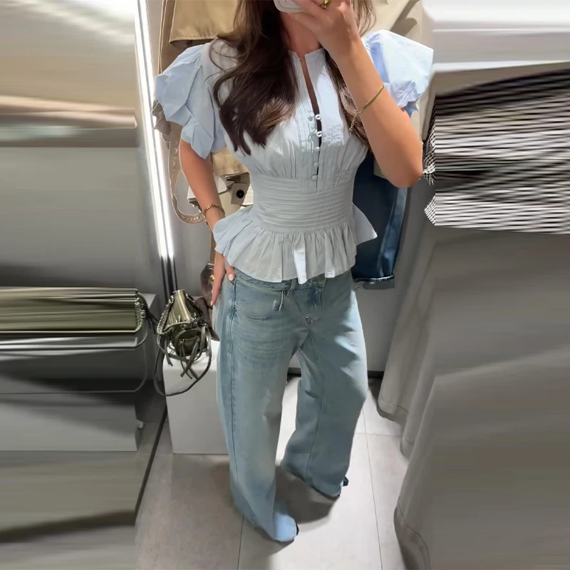 ตัวเลือกสินค้า เสื้อแขนสั้นระบายชาย คอโอ ทรงสวย ใส่สบาย