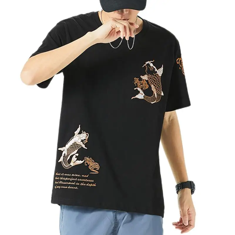 

Koi Fish Embroidery Men Short Sleeve Tee Shirt Japan Style O-Neck 100% Cotton Summer Tops Casual T-Shirt Black / White
