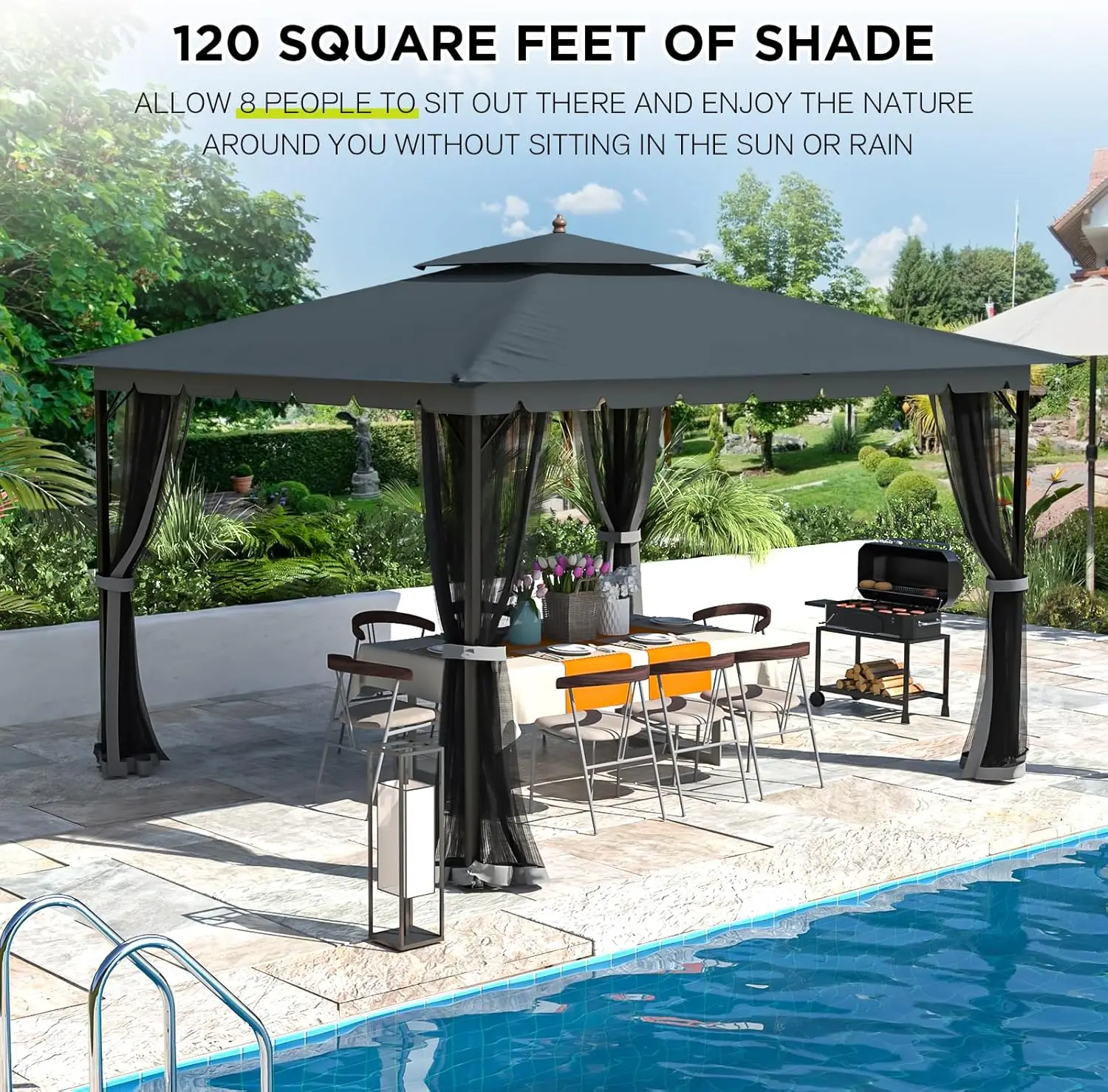 10x12 Gazebo with Mosquito Netting Sturdy Metal Outdoor Patio Gazebo[Heavy Duty Frame] Gazebos Canopy Tent with Dual Air Roof 2