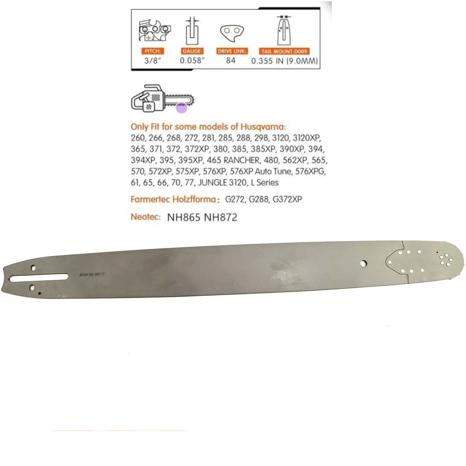 24in 84DLChainsaw Guide Bar and Chain For Hus 61 66 266 268 272 281 288 365 372 385 390 394 395 480