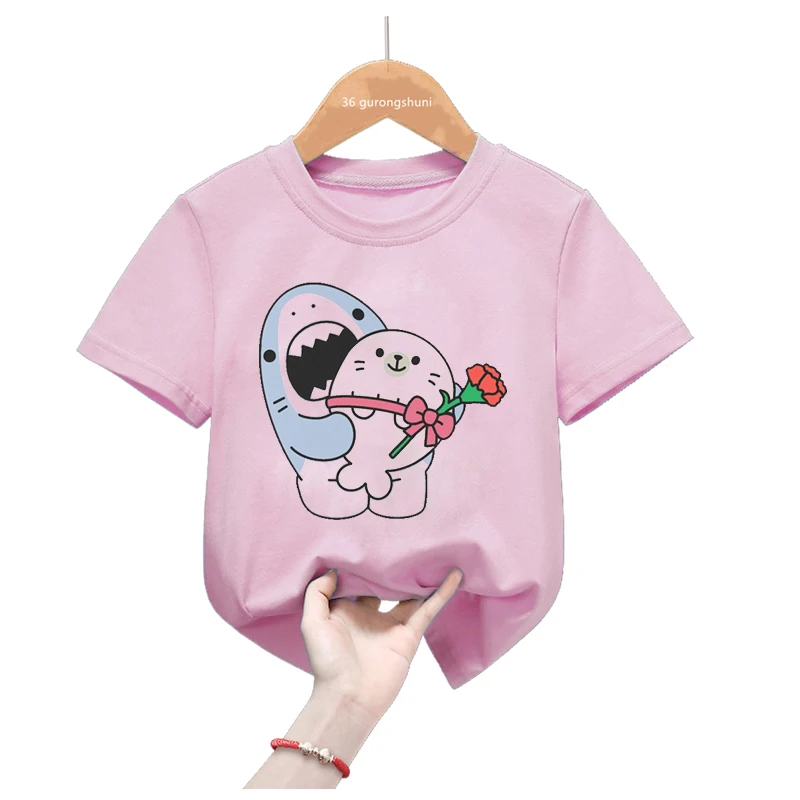 

Samezu Love Rose Cartoon Print Pink Tshirt Girls/Boys Funny Kids Clothes Harajuku Kawaii Children'S Clothing Summer T-Shirt