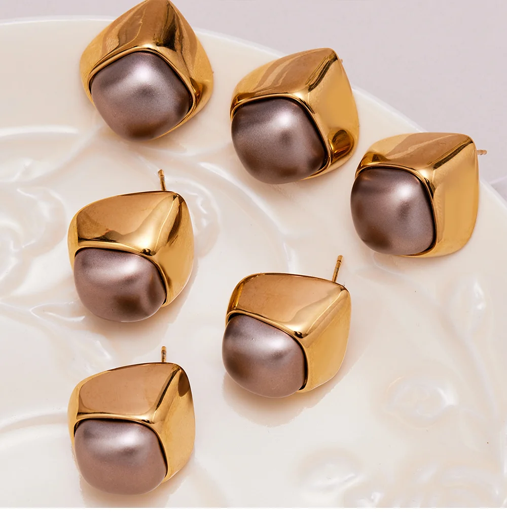 Platz Lila Imitation Perle Ohrringe Für Frauen Edelstahl 18K Gold-Überzogene Luxus Stud Ohrringe Femme Exquisite Schmuck – Detail 7