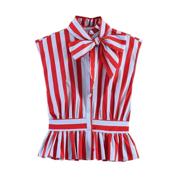 Women's Shirt 2026 New Spring Summer Bowknot Sleeveless Striped Shirt for Women Casual Chic Personality Female Shirt 1