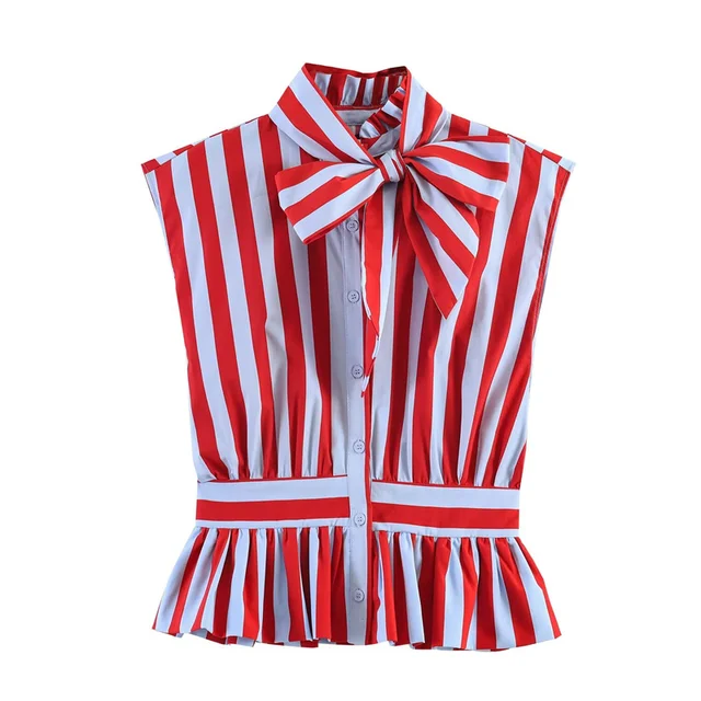 Chemisier Femme 2026 Nouvelle Collection Printemps-Été – Chemise Rayée Sans Manches à Nœud Papillon pour Femme, Style Décontracté et Chic, Personnalité Féminine 1