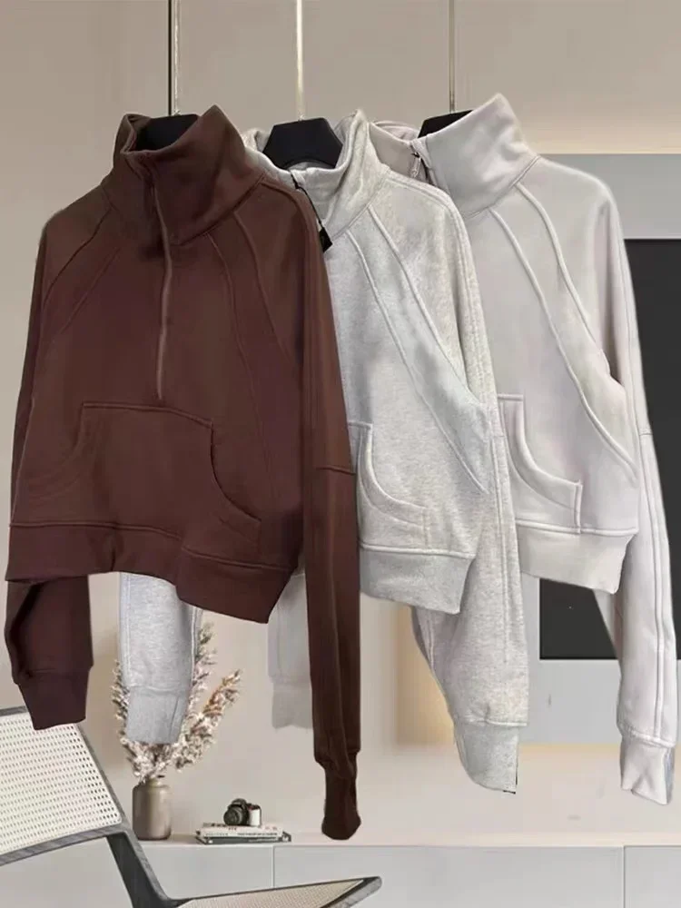 

Lulu Women Scuba Half Zipper High Collar Hoodie Thickened Warm Loose Sweatshirts Outdoor Sport Fitness Short Yoga Running Jacket