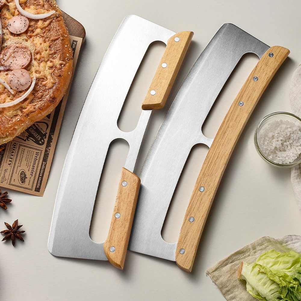 Wooden Handle Large Pizza Cutter Sharp Rocker Blade Stainless Steel Pizza Slicer Knife with Cover Kitchen Tool Accessories pizza knife,pizza cutter