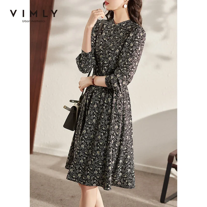 

VIMLY Black Floral Dress for Women 2023 Autumn Elastic High Waist Long Sleeve Elegant A Line Dresses Female Vestido Robe F8698